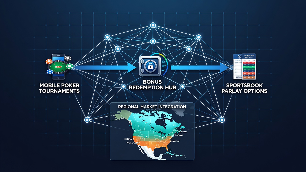 Regional market data visualization displaying bonus redemption flows from poker tournaments into parlay bets on mobile devices