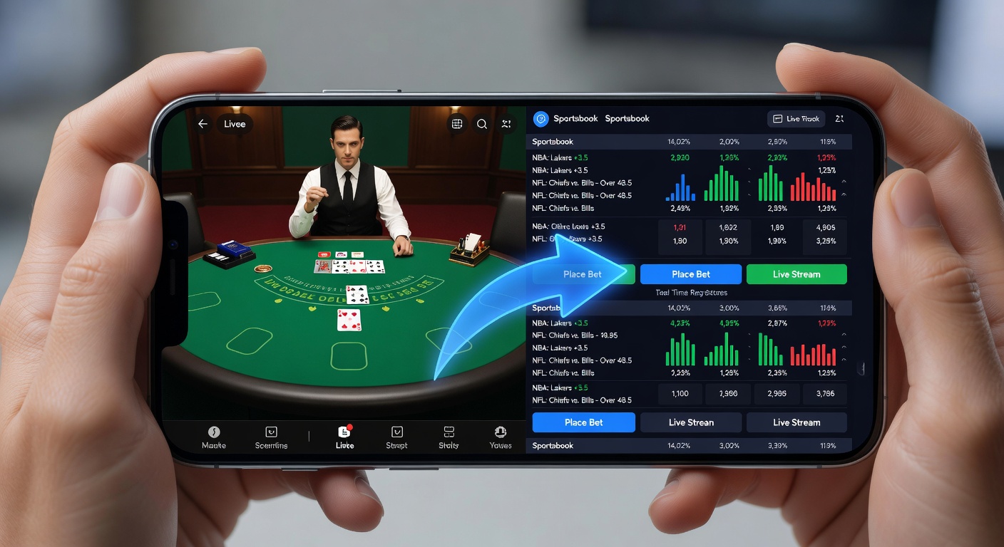 Handheld device screen displaying seamless transition from live dealer blackjack table to sportsbook betting interface with unified navigation tabs