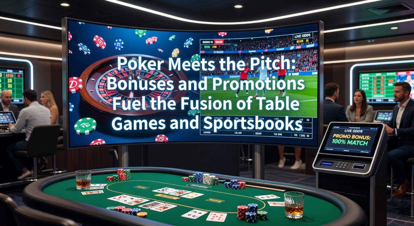 Digital screen showing poker chips next to a soccer pitch graphic, overlaid with bonus offer icons blending casino and sports betting elements