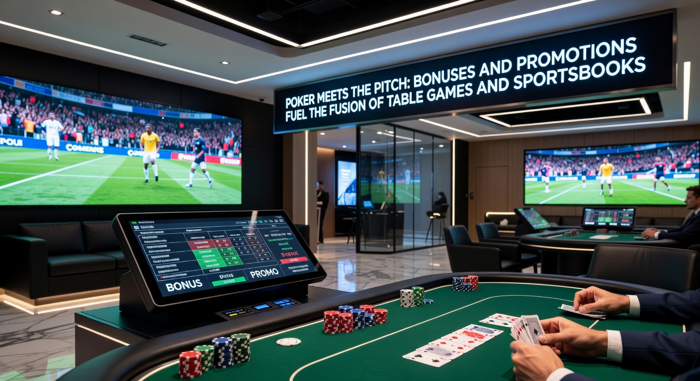 Split-screen interface displaying a live poker table alongside soccer match odds, with a prominent bonus banner highlighting combined rewards