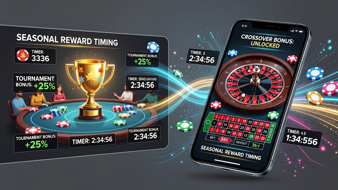 Poker tournament players examining reward schedules on mobile devices during seasonal events