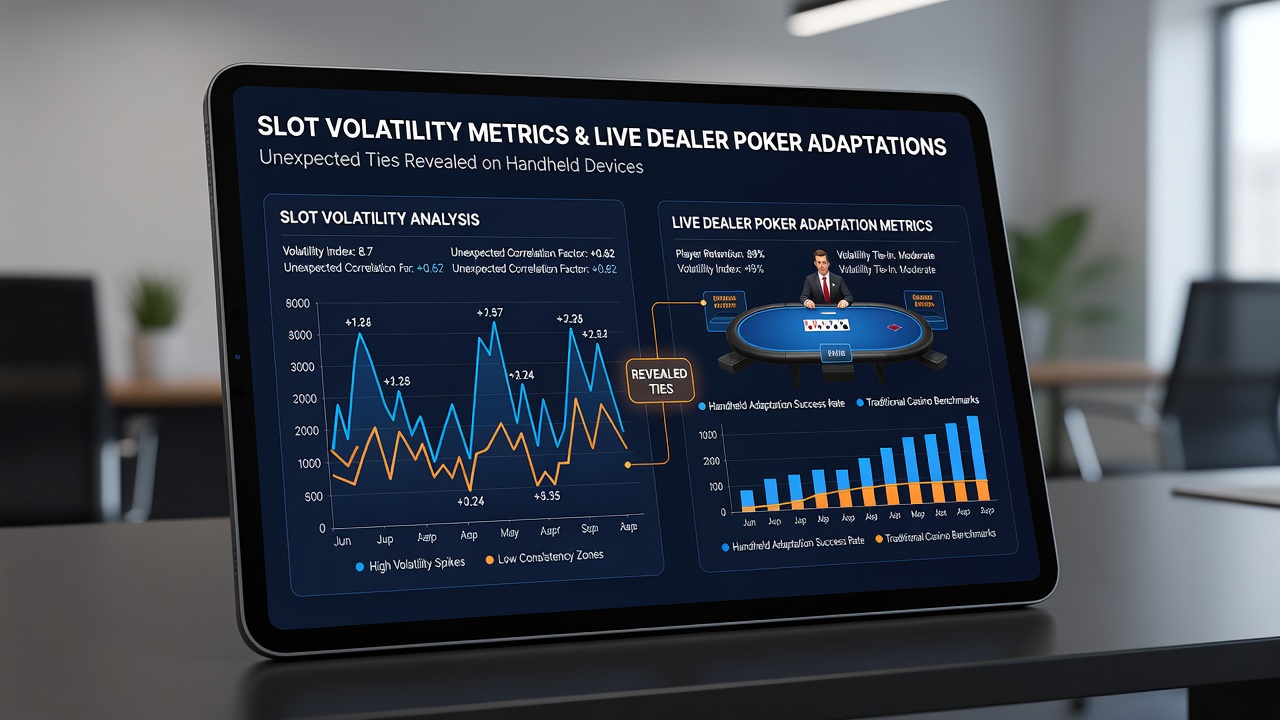 Mobile device displaying integrated slot and poker gameplay screens with volatility indicators