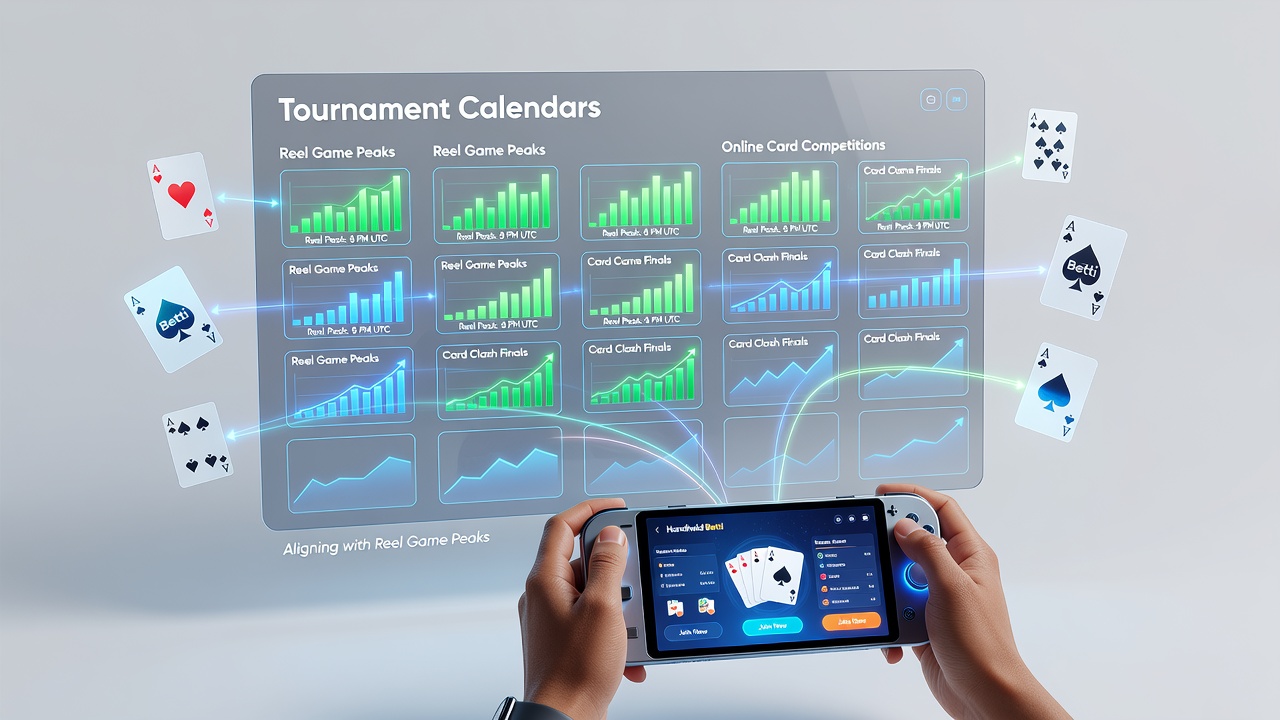 Handheld device displaying synchronized tournament schedule and reel game activity graph